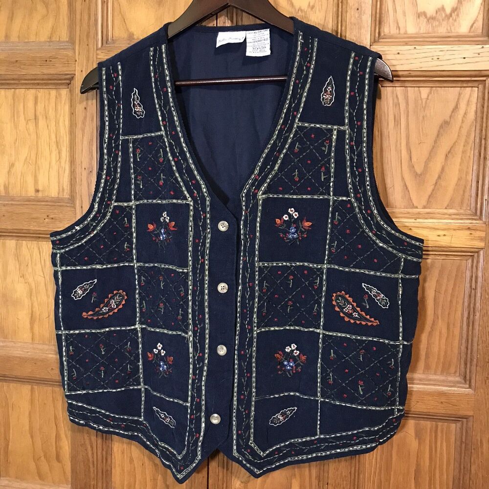 VTG. Bobbie Brooks Floral Corduroy Vest Women's XL Autumn Fall Leaves Tie Back